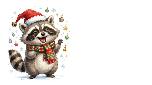 A hilarious fully cartoon illustrated Christmas raccoon with fluffy gray-and-brown fur, a chubby rounded body, tiny paws, oversized sparkling eyes and an exaggerated joyful expression, 