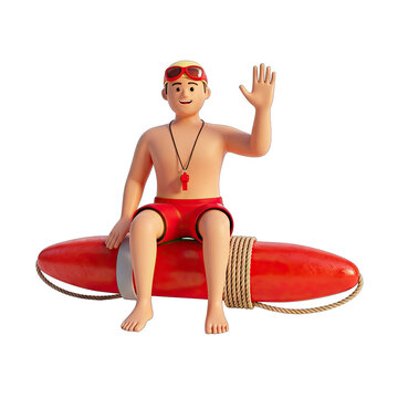 Lifeguard Waving Hello Sitting on Rescue Buoy Isolated