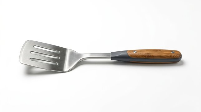 Stainless steel spatula with wooden handle, professional metal turner for cooking and grilling, kitchen utensil on white background