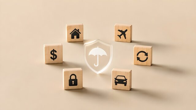 Shield with umbrella icon protecting wooden blocks with various symbols representing comprehensive insurance coverage and asset protection concept