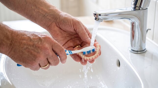 Senior person cleaning dentures under running water in bathroom with dentures cleaning toothbrush bathroom