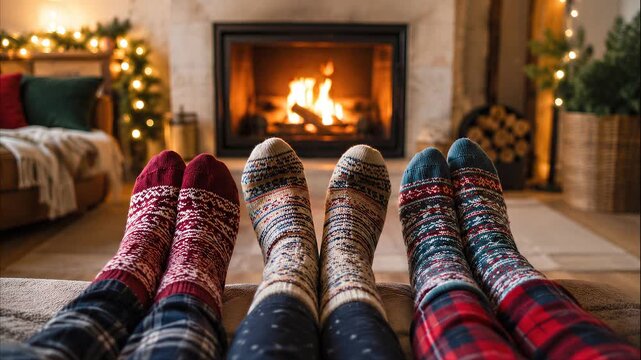 Family wearing cozy socks by a Christmas fireplace