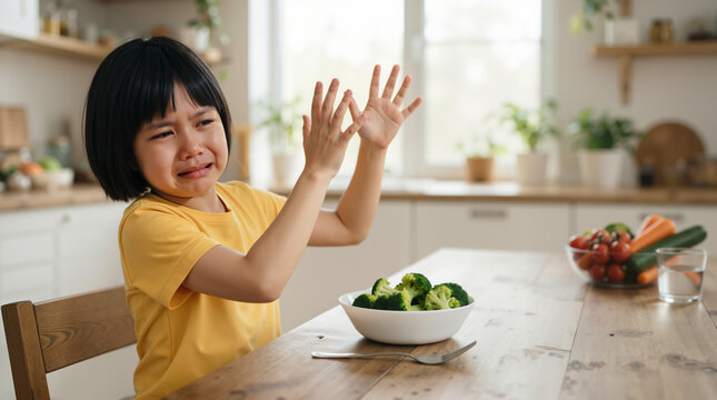 Young Asian girl crying and refusing to eat healthy broccoli at the kitchen table. Picky eater child having a tantrum during mealtime. Parenting and healthy lifestyle concept