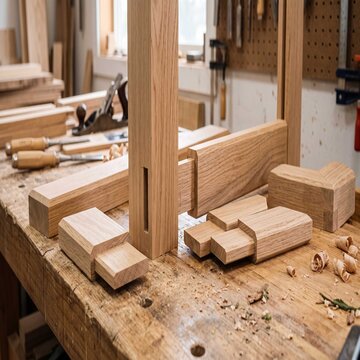 Wooden furniture joint pieces lie organized on a workbench, demonstrating traditional mortise and tenon joinery and precision craftsmanship