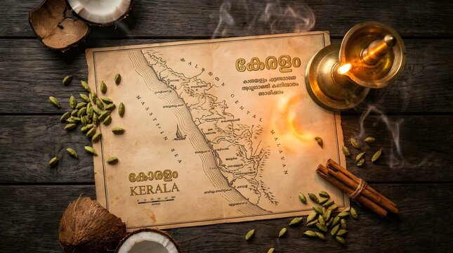 Vintage Map of Kerala India with Spices and Oil Lamp.