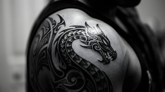 Close up of a detailed tribal dragon tattoo on a persons shoulder in black and white.