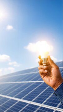 Hand holding a bright light bulb above solar panels