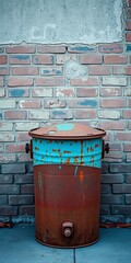 Obraz premium Rusty metal garbage can with faded lid leaning against a worn brick wall, curb, urban landscape