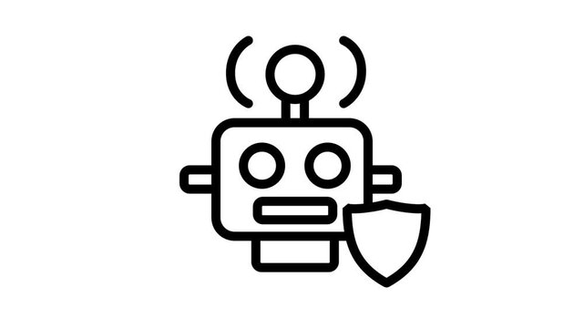 Protected Robot Security Line Icon Motion. Animated line icon of robot with shield, ideal for showing security automation, artificial intelligence safety, or protection services.