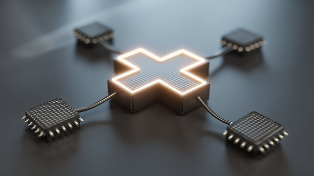 A glowing error symbol connects four microchips representing network failure and disrupted digital communication.
