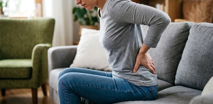 Person sitting on couch suffering from severe lower back pain and muscle ache with backache, discomfort