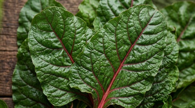 Fresh organic swiss chard leaves with vibrant red veins resting on rustic wood.
