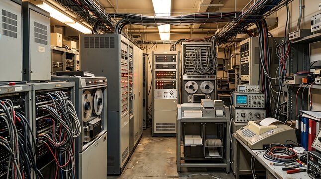 A vintage computer room filled with old machines, reel-to-reel tapes, and intricate wiring. The room has a retro, technical atmosphere, showcasing early computing technology