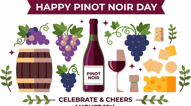 Happy Pinot Noir Day celebration illustration with wine bottle grapes and cheese.