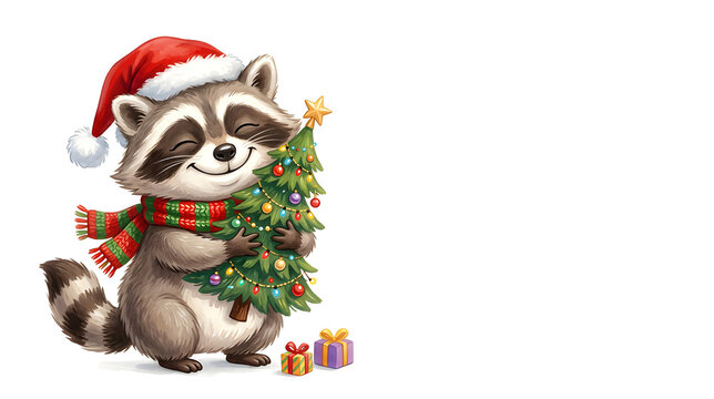 A sweet fully cartoon illustrated Christmas raccoon warmly hugging a tiny decorated Christmas tree, eyes closed with happiness, enormous joyful smile, fluffy rounded body, tiny paws, expressive face, 