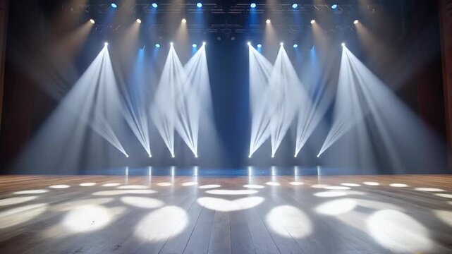 Empty Stage with Dynamic Blue and White Spotlights and Haze for Concerts and Events.