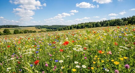 Obraz premium Vibrant Summer Meadow Filled with Colorful Wildflowers Under Blue Sky