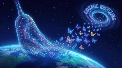 Naklejka premium Cosmic broom sweeping space debris into recycling portal.