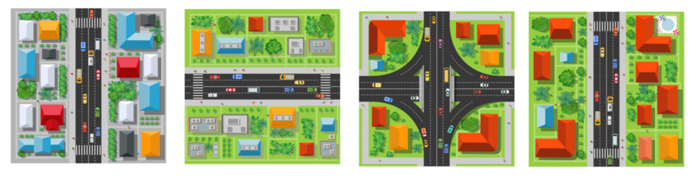 City street network with cars and buildings top view