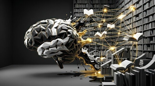 Geometric brain with books exploding from library shelves.
