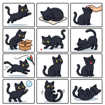Cute Black Cat Character Set in Various Poses Vector Illustration