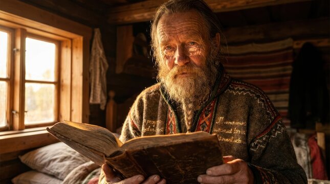 Elder man reading old book in rustic cabin.