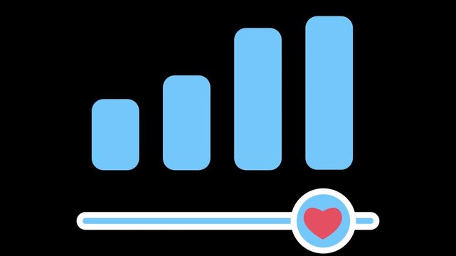 Animated health bar chart increasing with a beating heart slider on a black background. Ideal for fitness tracking, medical statistics, and wellbeing progress concepts.