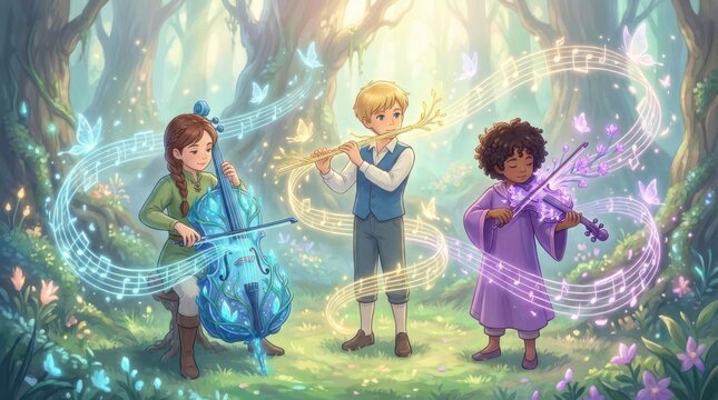 Children playing musical instruments in magical enchanted forest.