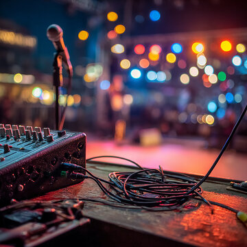 Live Sound Mixing Console with Performer on Stage