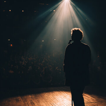 Performer Standing Under Spotlight in Front of Live Audience