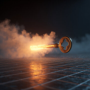 Glowing Key Flying Through Digital Space, Access Concept