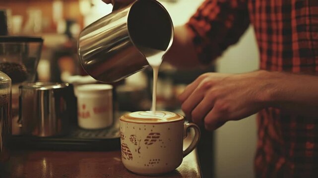 Young caucasian man preparing cappuccino in coffee shop with latte art