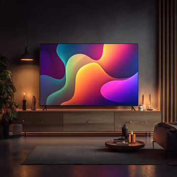 Colorful Abstract Screen on Modern Television in Dark Interior
