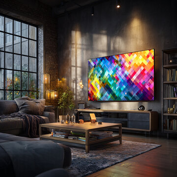 Colorful Digital Glitch Art on Television in Cozy Living Room