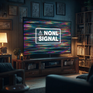 No Signal Error on Television Screen in Dark Living Room