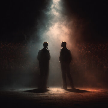 Two Performers Facing Each Other Under Dramatic Stage Lighting
