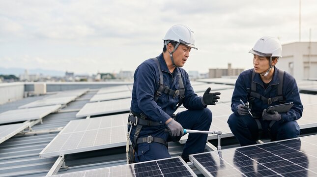 太陽光発電パネル前でタブレットを用いてOJT研修と現場指導を行う電気工事士の日本人男性