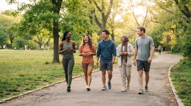 Diverse Group of Adults Walking and Talking Together in a Green Urban Park