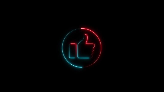 Neon thumbs up social media animation, glowing like button sign for digital marketing and engagement