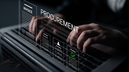 Obraz premium A focused business professional types on a laptop, surrounded by digital representations of invoices and procurement documents, symbolizing modern financial processes. Cyphers