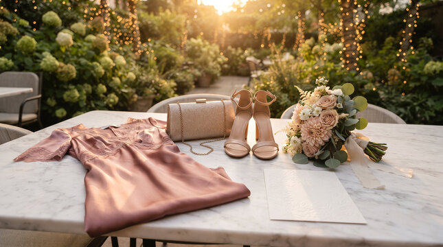 Elegant late summer wedding guest outfit with silk dress, clutch purse, heels, and bouquet on marble table in sunlit garden terrace