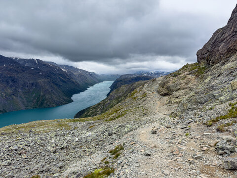 Steep scree trail above Lake Gjende on Besseggen, Norway