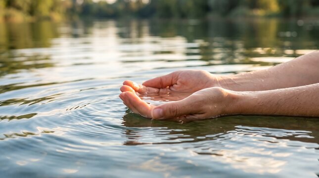 Person holding lake water in cupped hands during tranquil summer sunset with refreshment, tranquility