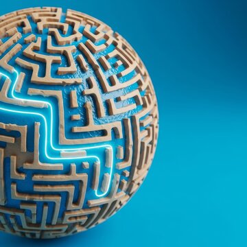 An intricate spherical labyrinth globe featuring beige landmass walls and cerulean blue water paths with a glowing white line solving it, graphic, beige, complex