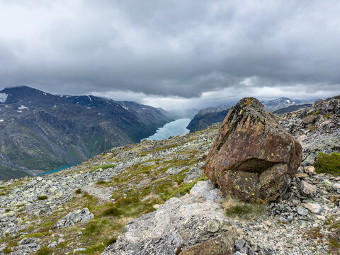 Orange lichen on a boulder above Lake Gjende, Jotunheimen