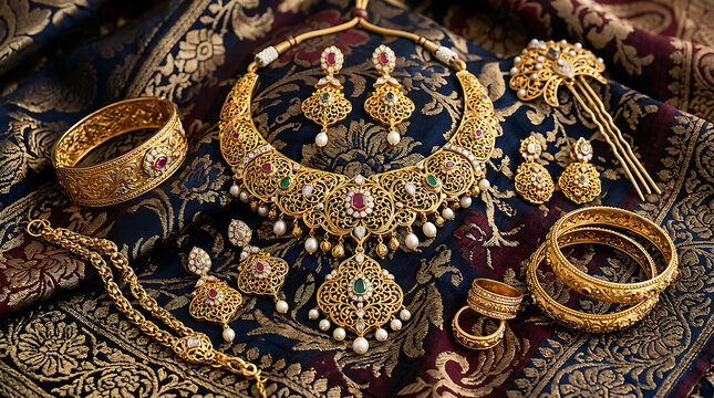 Traditional Indian Gold Jewelry Collection Display.