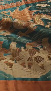 Background of a detailed traditional Asian silk embroidery depicting dragon and warriors artwork