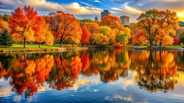 Loring park in minneapolis transforms into a kaleidoscope of golds oranges and reds against its serene mirrored lake