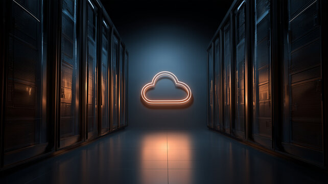 A cloud icon appears between server racks representing cloud computing and centralized data infrastructure.
