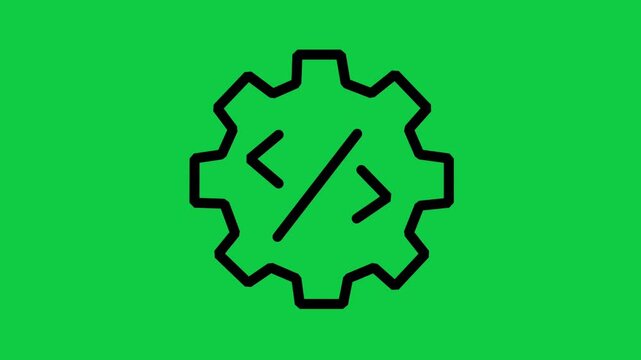 Development Gear Icon Motion. Animated line icon of a mechanical gear containing code brackets representing software engineering and process automated development.